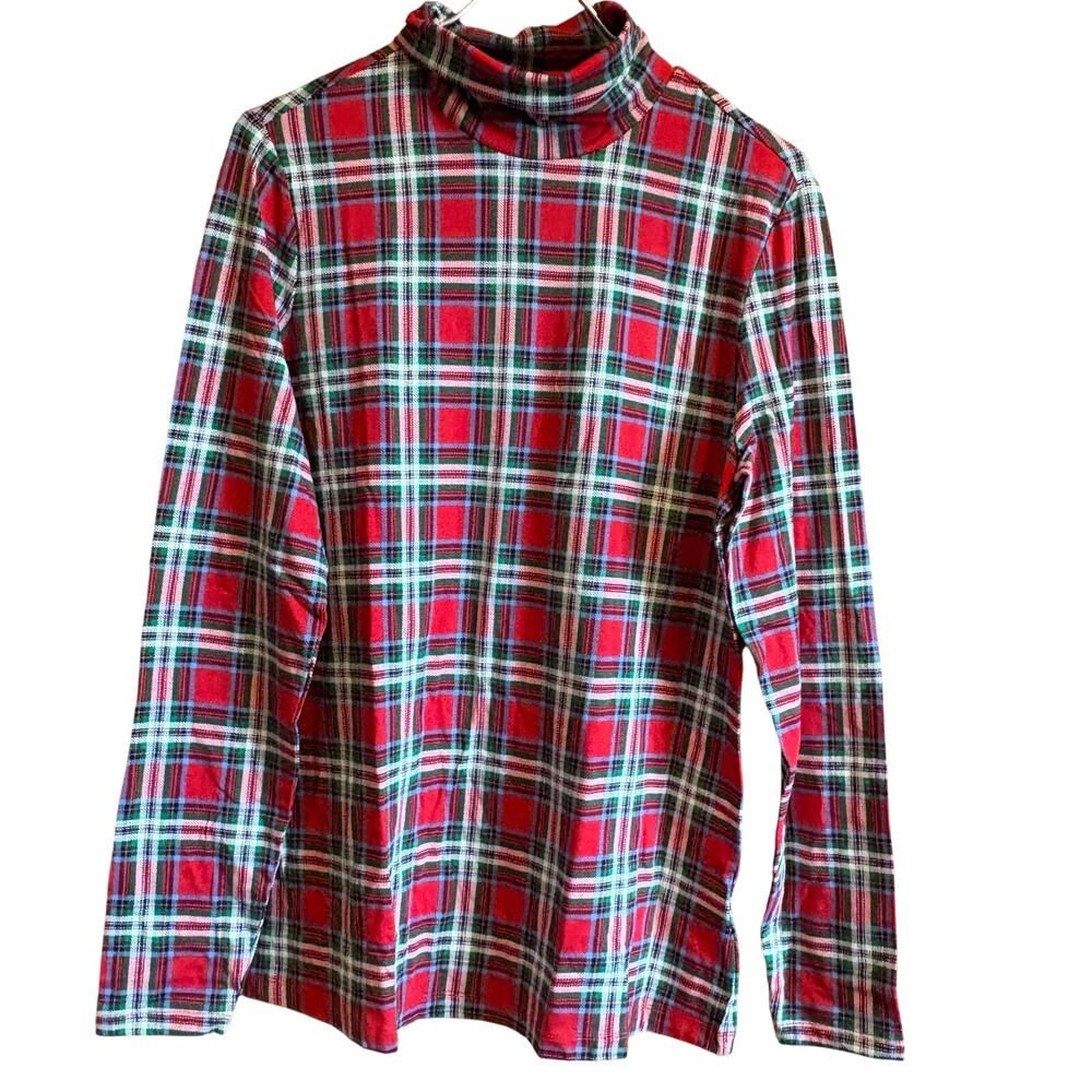 Lands' End Women's Lightweight Turtleneck Red Green Tartan Plaid Size Large